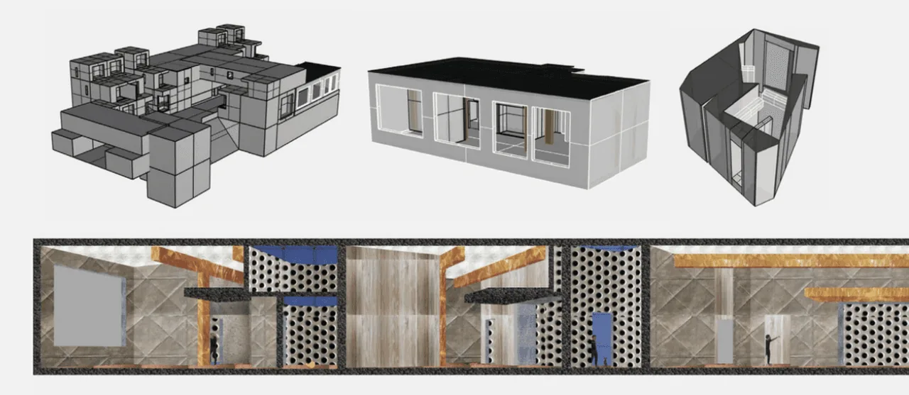学生建筑作业，包含 3D 建筑体块模型与室内墙面立面图