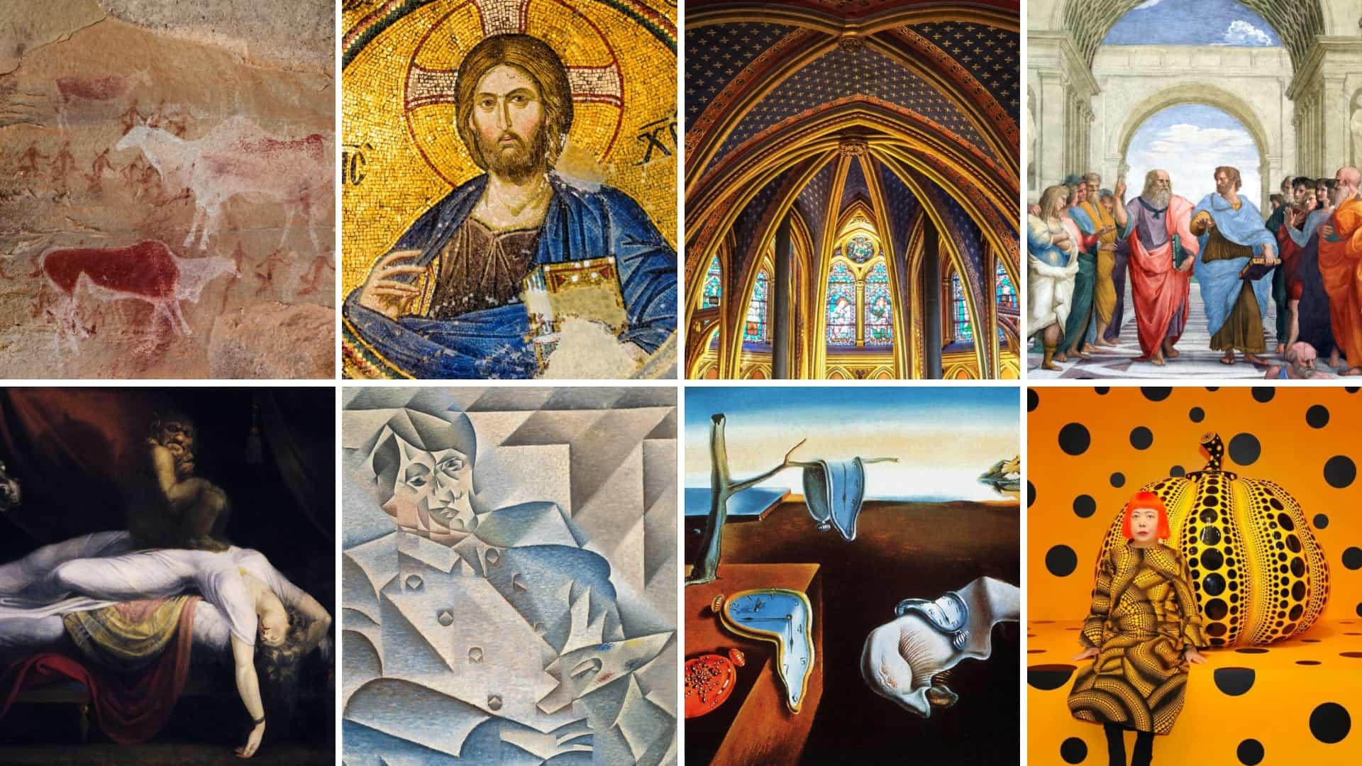 从洞窟壁画、拜占庭马赛克到 Picasso、Dali 与草间弥生的艺术史作品拼贴