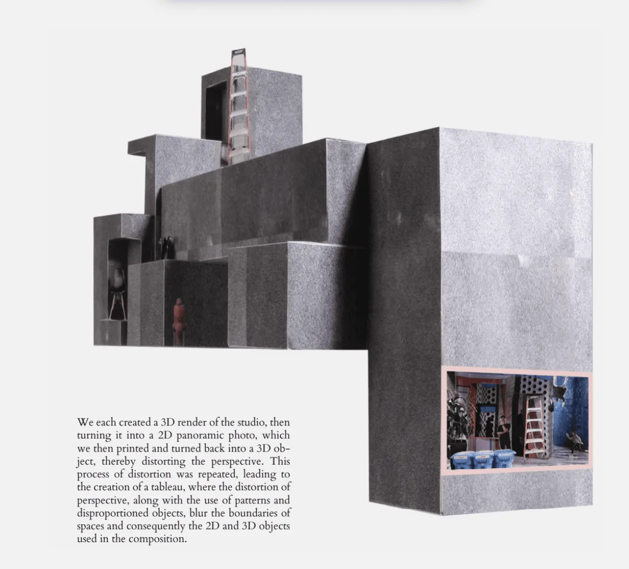 一件以扭曲透视呈现的建筑模型，将 3D 工作室渲染转化为雕塑般的实体