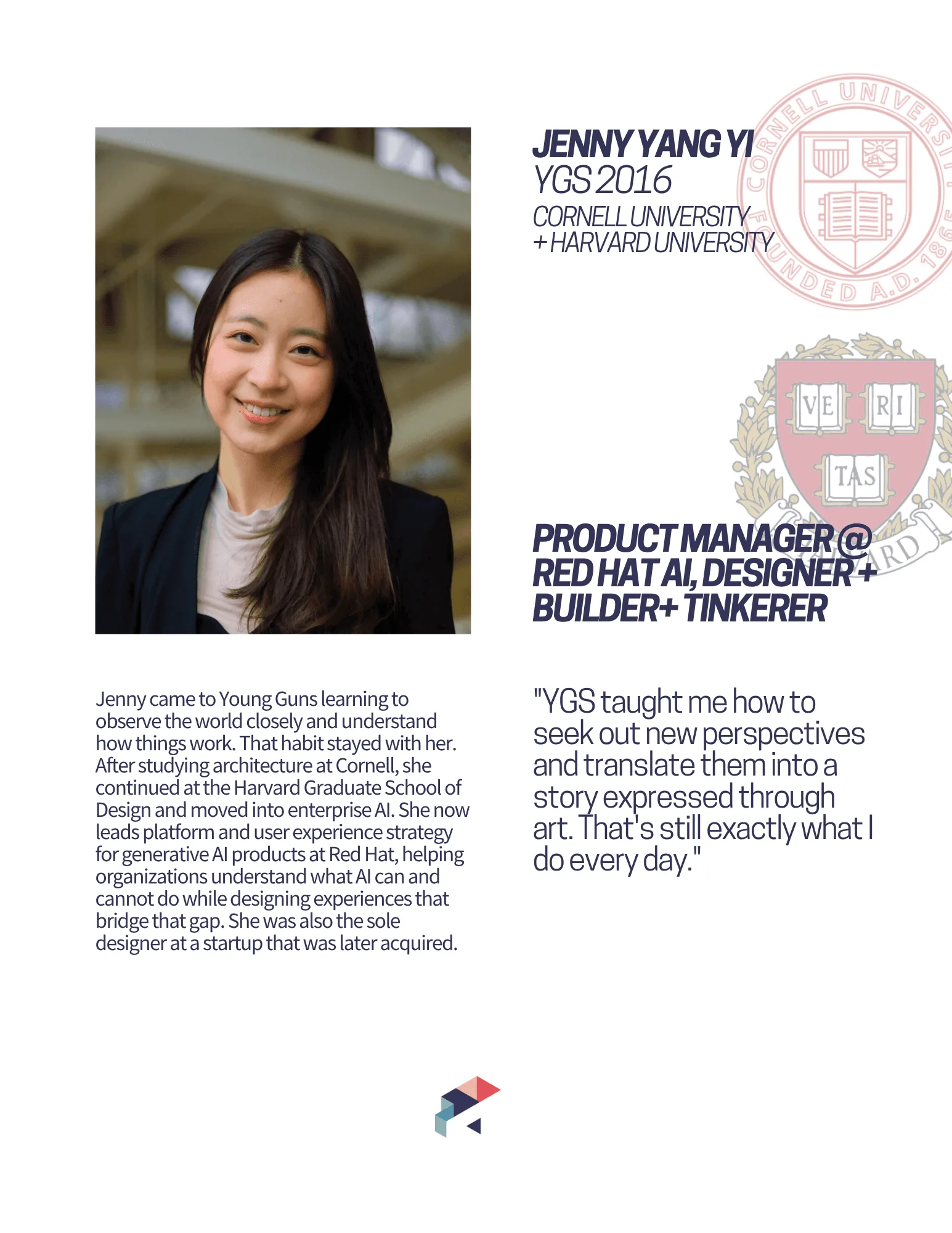 校友档案卡:Jenny Yang Yi,YGS 2016,Cornell 与 Harvard,Red Hat AI 产品经理