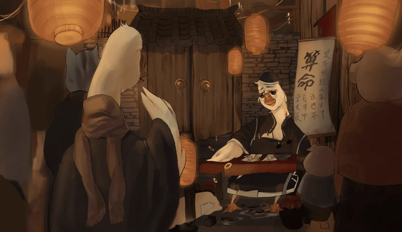 动画视觉开发画作：夜晚，一个戴兜帽的身影伫立在灯笼点亮的街边摊前