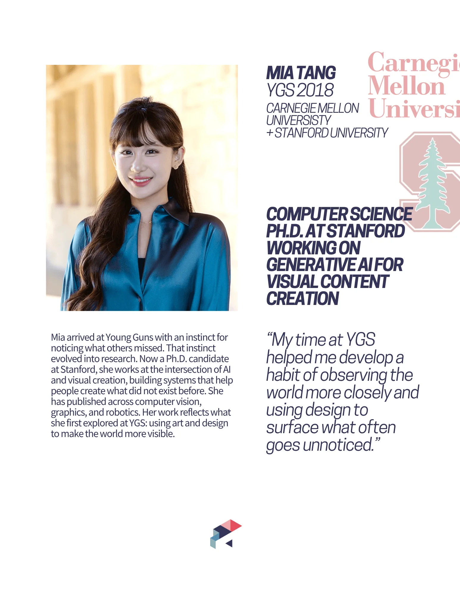 校友档案卡:Mia Tang,YGS 2018,Carnegie Mellon 与 Stanford,计算机科学博士,从事生成式 AI 研究