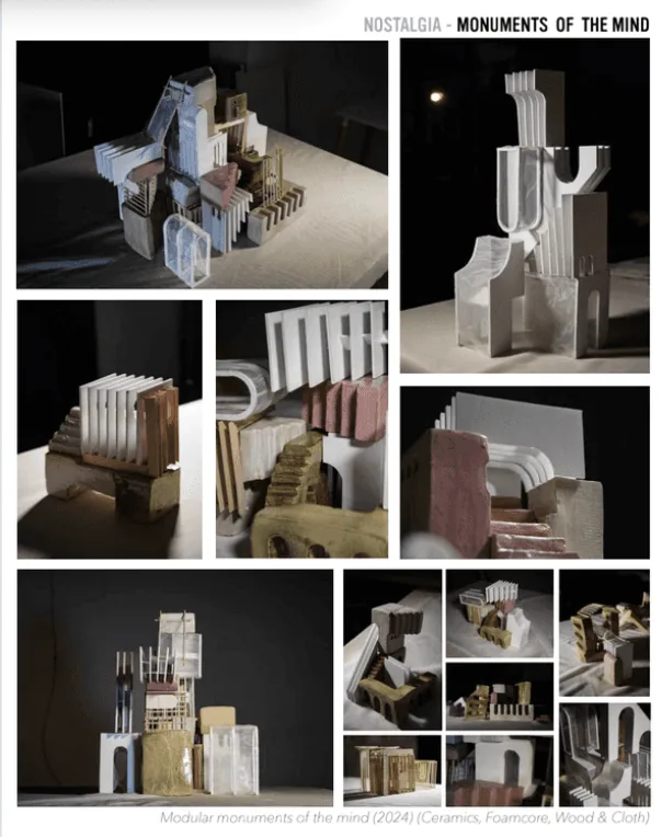 作品集内页：《Monuments of the Mind》系列模块化建筑模型，以陶瓷、泡沫板和木材制成