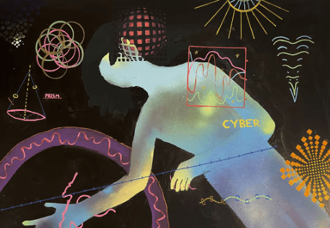 Colourful student painting of a bending figure surrounded by neon geometric doodles on black