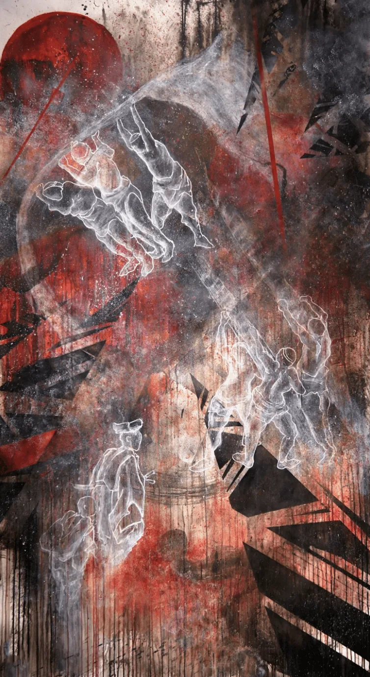 一幅红黑混合媒介绘画，幽灵般的白色人形轮廓沿对角线攀爬
