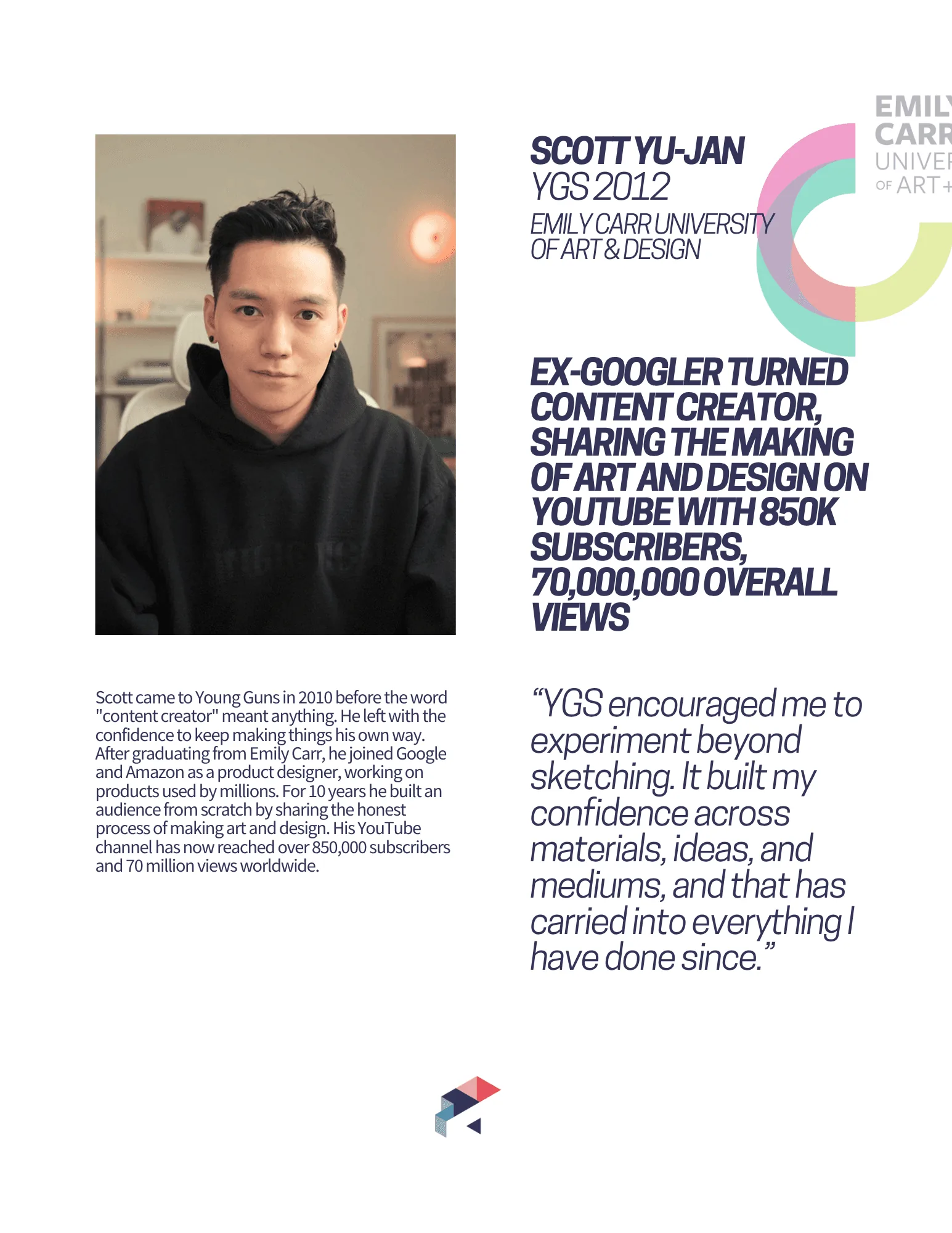 校友档案卡:Scott Yu-Jan,YGS 2012,Emily Carr 毕业,前 Google 内容创作者,YouTube 拥有 85 万订阅者