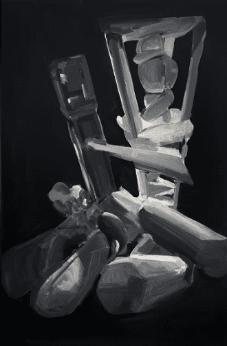 Black-and-white student painting of stacked abstract sculptural forms emerging from darkness