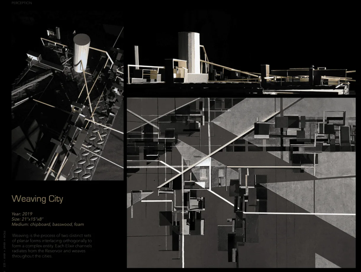 「织城（Weaving City）」学生模型：在戏剧化灯光下悬挂的硬木与椴木结构